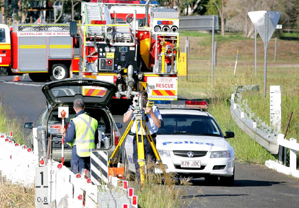 INVESTIGATING: Accident Investigation police take measurements on the Oakey Creek Bridge near Boonah. INVESTIGATING: Accident Investigation police take measurements on the Oakey Creek Bridge near Boonah.