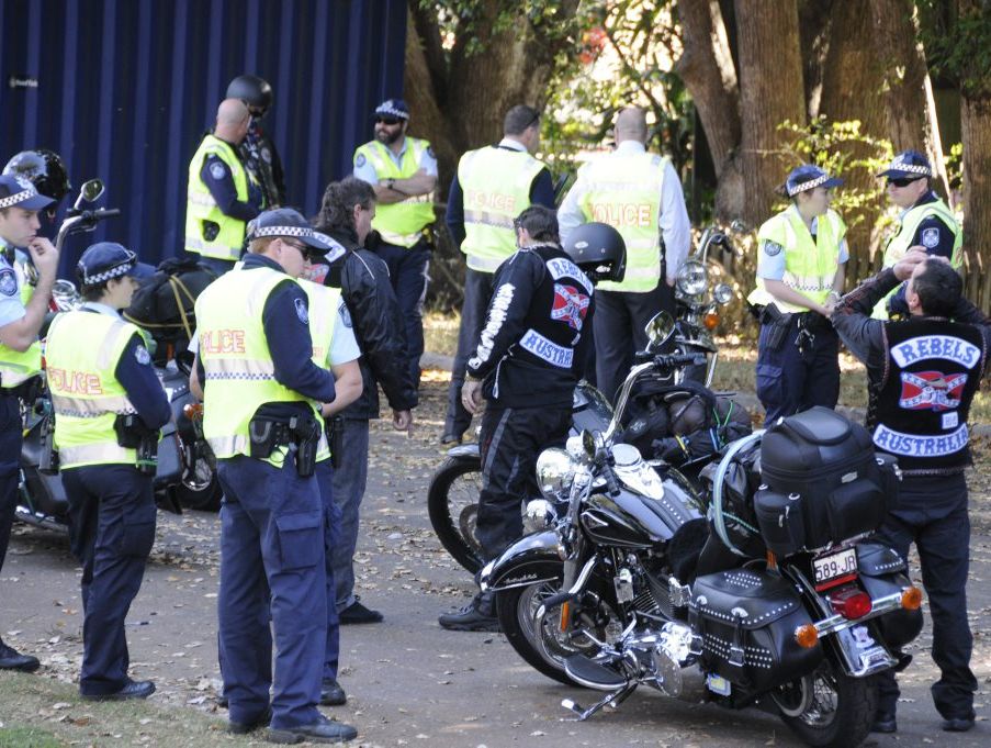 Police intercept members of the Rebels outlaw motorcycle gang at the top of the Toowoomba Range. Police intercept members of the Rebels outlaw motorcycle gang at the top of the Toowoomba Range.