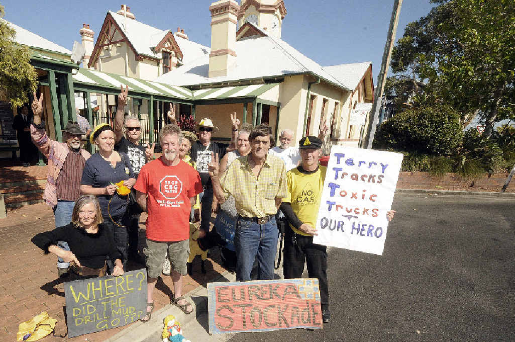 DISMISSED: Terry Elvey (front, second from right) with his anti-CSG supporters was in Ballina court yesterday for following a truck driver who was dumping drill mud from the Metgasco Glenugie site. DISMISSED: Terry Elvey (front, second from right) with his anti-CSG supporters was in Ballina court yesterday for following a truck driver who was dumping drill mud from the Metgasco Glenugie site.