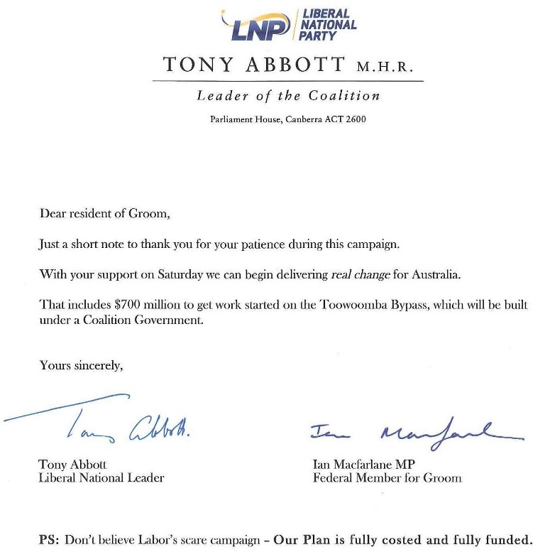 An open letter from Tony Abbott and Ian Macfarlane to the voters of Groom. An open letter from Tony Abbott and Ian Macfarlane to the voters of Groom.