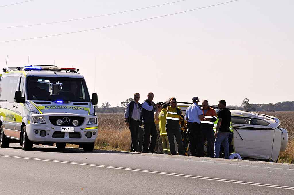 Emergency services at the scene of a fatal traffic crash 10km east of Dalby on the Warrego Hwy. Emergency services at the scene of a fatal traffic crash 10km east of Dalby on the Warrego Hwy.