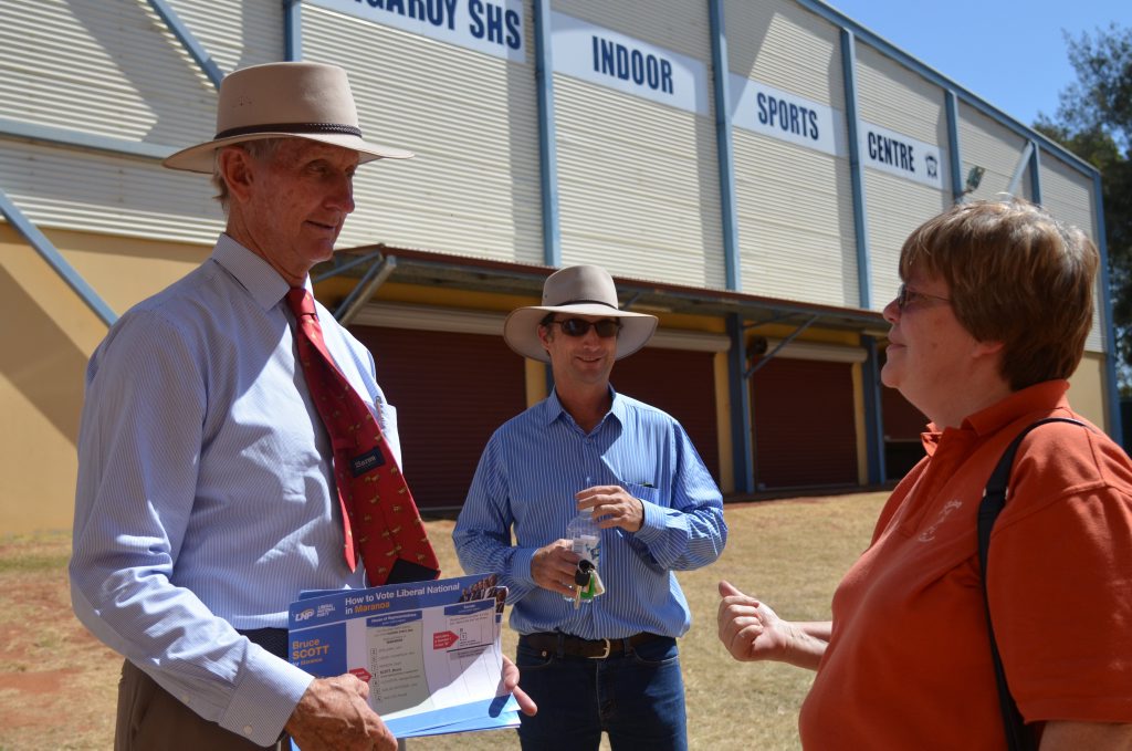 ON THE ROAD: Bruce Scott talking to a constituent at Kingaroy State High School yesterday. ON THE ROAD: Bruce Scott talking to a constituent at Kingaroy State High School yesterday.