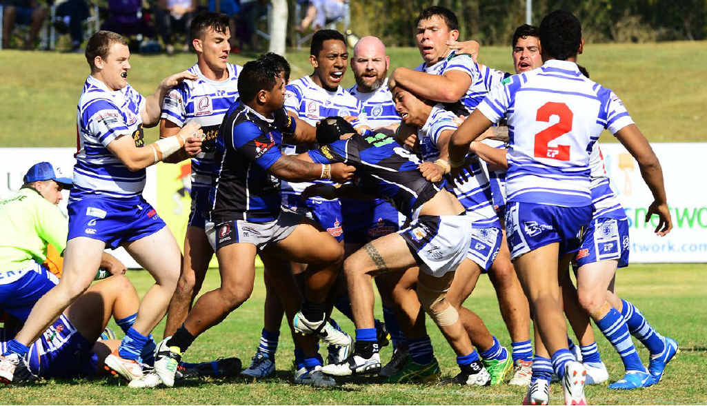TENSIONS FLARE: Brothers and Goodna players clash, forcing an early end to yesterday’s Reserve grade encounter. TENSIONS FLARE: Brothers and Goodna players clash, forcing an early end to yesterday’s Reserve grade encounter.