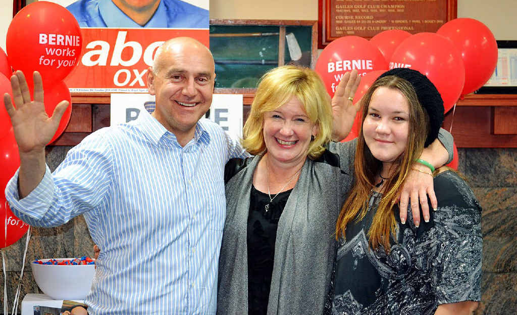 BERNIE’S BACK: Labor incumbent Bernie Ripoll celebrating another win in the seat of Oxley with wife Margy and daughter Maddie at Gailes Golf Club on Saturday night. BERNIE’S BACK: Labor incumbent Bernie Ripoll celebrating another win in the seat of Oxley with wife Margy and daughter Maddie at Gailes Golf Club on Saturday night.