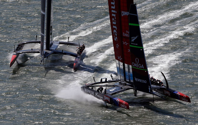 Emirates Team New Zealand skippered Dean Barker (R) and Oracle Team USA skippered James Spithill (L) in action during race one of the America's Cup Finals on September 7, 2013 in San Francisco, California. Emirates Team New Zealand skippered Dean Barker (R) and Oracle Team USA skippered James Spithill (L) in action during race one of the America's Cup Finals on September 7, 2013 in San Francisco, California.