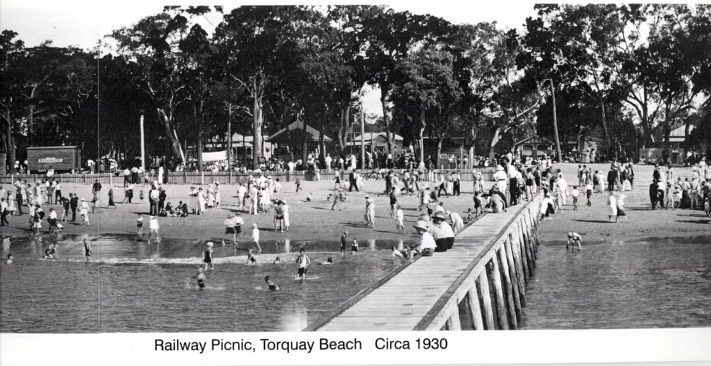 This photo of the railway picnic at Torquay beach was taken about 1930. This photo of the railway picnic at Torquay beach was taken about 1930.