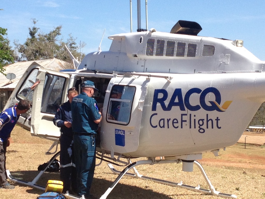 The RACQ CareFlight rescue helicopter crew flew to the scene of a trail bike crash in Boondooma, south-west of Maryborough. The RACQ CareFlight rescue helicopter crew flew to the scene of a trail bike crash in Boondooma, south-west of Maryborough.
