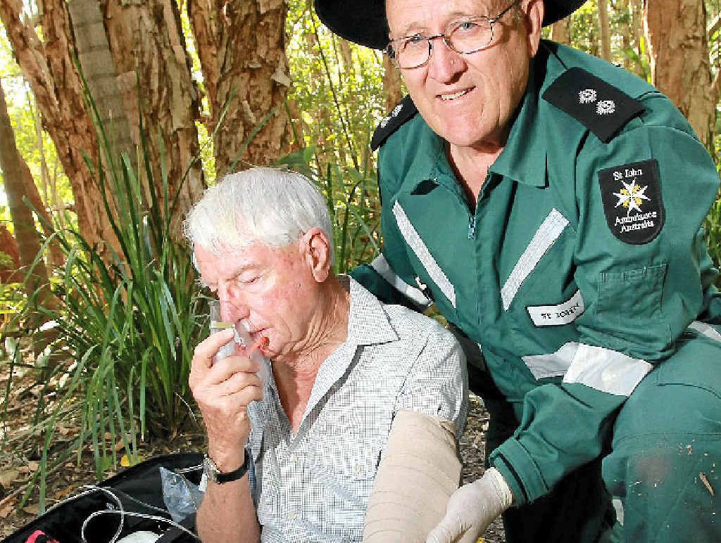 SPRING WARNING: Col Brighton and “patient” Roy Hillier demonstrate first-aid treatment. SPRING WARNING: Col Brighton and “patient” Roy Hillier demonstrate first-aid treatment.