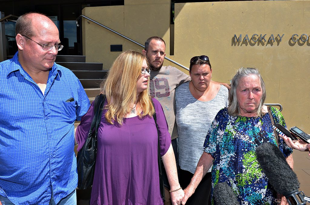 Back: Stuart Miller and Sheree Hardimon (Natasha's best friend) Front: Paul Shore (Natasha's father), Barbie Stott (aunty), Rachel McCarthy (grandmother) Natasha McCarthy's family and friends outside Mackay Court house just after her killer is sentenced to life in prison. Back: Stuart Miller and Sheree Hardimon (Natasha's best friend) Front: Paul Shore (Natasha's father), Barbie Stott (aunty), Rachel McCarthy (grandmother) Natasha McCarthy's family and friends outside Mackay Court house just after her killer is sentenced to life in prison.