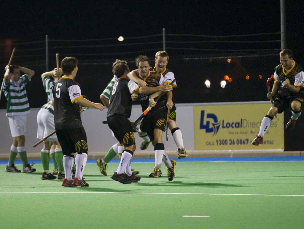 WINNING MOVE: Troy Urquart (Barbs Hagars) celebrates after scoring a goal in the men’s A-grade hockey.