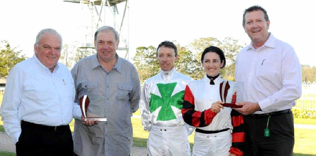 Trainer Bryan Guy, jockey Michael Cahill and apprentice jockey Tegan Harrison were presented with their awards by Ipswich Turf Club treasurer Liam Tansey and committeeman Brian Dwyer.
Trainer Bryan Guy, jockey Michael Cahill and apprentice jockey Tegan Harrison were presented with their awards by Ipswich Turf Club treasurer Liam Tansey and committeeman Brian Dwyer.