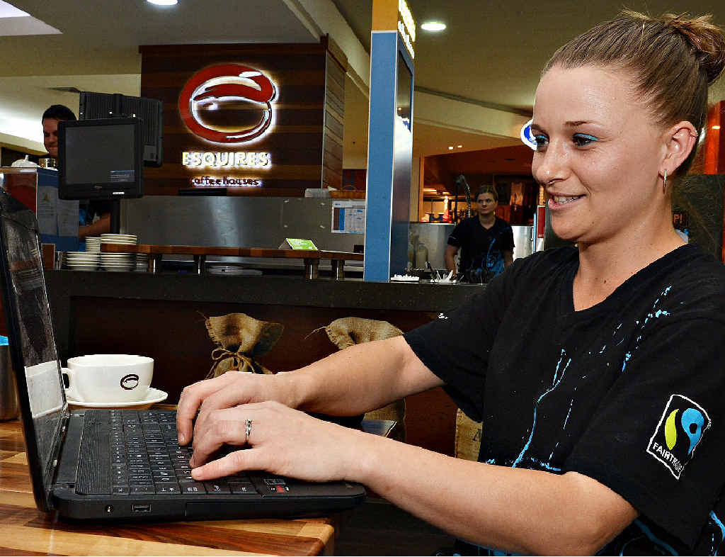 FREEBIES: Beck Lancaster makes use of Wi-Fi at Esquires at Caneland Central in Mackay. FREEBIES: Beck Lancaster makes use of Wi-Fi at Esquires at Caneland Central in Mackay.