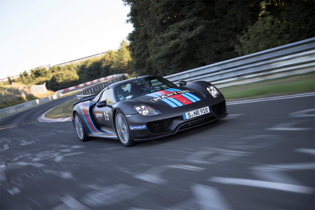 The Porsche 918 Spyder setting a new production car lap record at the Nurburgring. The Porsche 918 Spyder setting a new production car lap record at the Nurburgring.