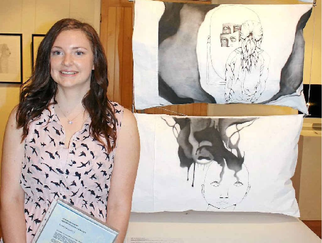 Aldridge State High School student Mikyla Lunny with her artwork on pillowcases titled Nightmares. Aldridge State High School student Mikyla Lunny with her artwork on pillowcases titled Nightmares.