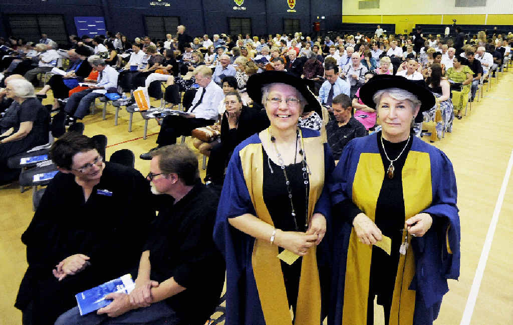 LEARNED DOCTORS: Kay Distel of Brisbane, one of the oldest graduates at 70, with Kate Jackson of Dunoon. Both women gained their PhDs. LEARNED DOCTORS: Kay Distel of Brisbane, one of the oldest graduates at 70, with Kate Jackson of Dunoon. Both women gained their PhDs.