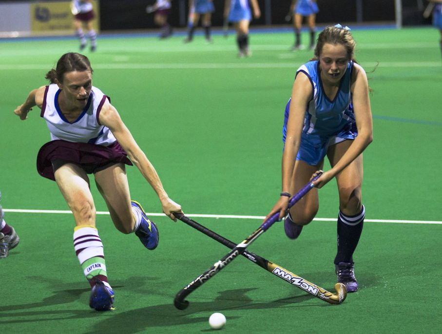 CROSS PURPOSES: McAuley's Ange Day and Grafton High Blues' Taylah Hamilton cross sticks during Saturday night's grand final. Photo: Shane Sedger
CROSS PURPOSES: McAuley's Ange Day and Grafton High Blues' Taylah Hamilton cross sticks during Saturday night's grand final. Photo: Shane Sedger