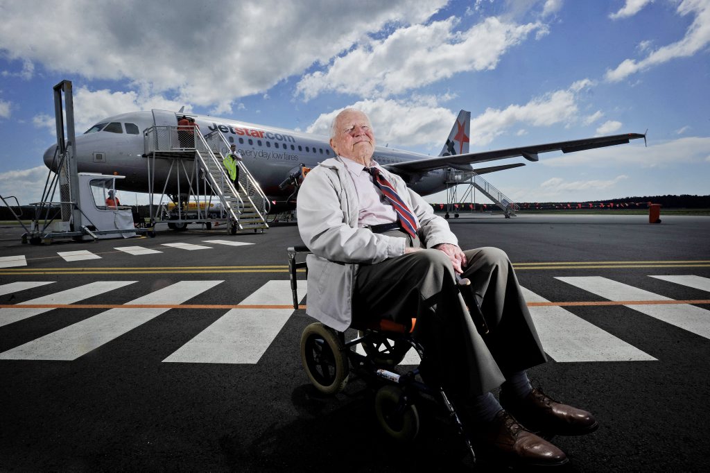 100 year old Ex-RAF Squadron Leader Bill McRae DFC,AFC flew Wellington Bomber in the second WW2. Bill, orginally from Kyogle was working in England during the outbreak of WW2 and and enlisted in The English Royal Air Force. Bill pictured at the Ballina Airport. 100 year old Ex-RAF Squadron Leader Bill McRae DFC,AFC flew Wellington Bomber in the second WW2. Bill, orginally from Kyogle was working in England during the outbreak of WW2 and and enlisted in The English Royal Air Force. Bill pictured at the Ballina Airport.