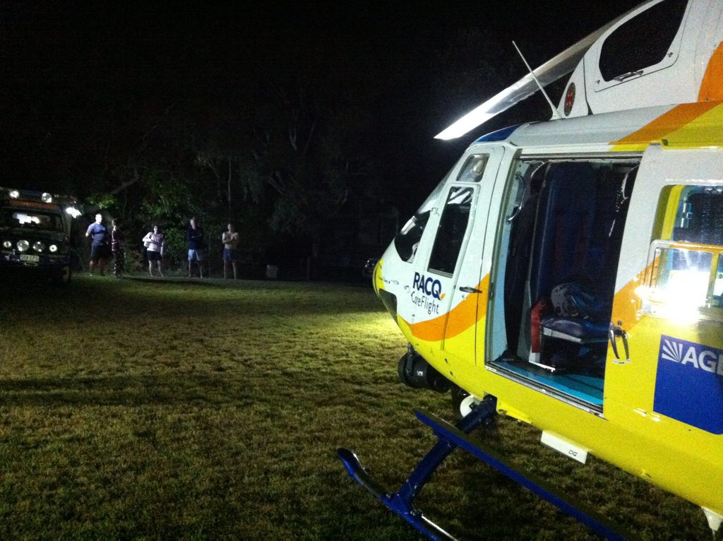 The Sunshine Coast-based RACQ CareFlight Rescue crew braved strong winds to airlift a man, aged in his thirties, suffering a medical condition. The Sunshine Coast-based RACQ CareFlight Rescue crew braved strong winds to airlift a man, aged in his thirties, suffering a medical condition.