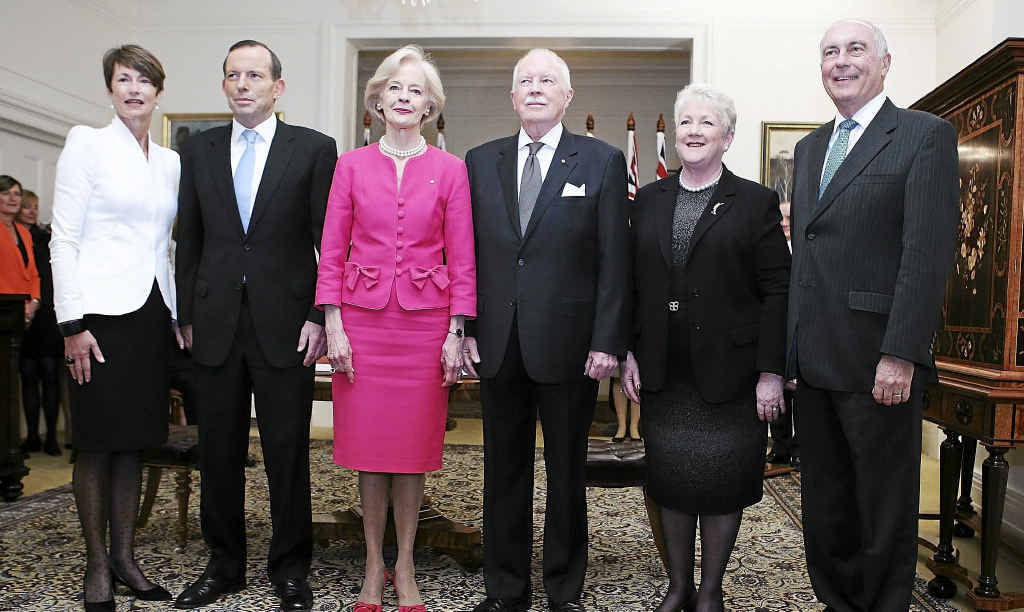 At yesterday’s swearing-in ceremony (from left) Margie Abbott, her husband Tony Abbott, Governor-General Quentin Bryce, her husband Michael Bryce, Lyn Truss and her husband Warren Truss. At yesterday’s swearing-in ceremony (from left) Margie Abbott, her husband Tony Abbott, Governor-General Quentin Bryce, her husband Michael Bryce, Lyn Truss and her husband Warren Truss.