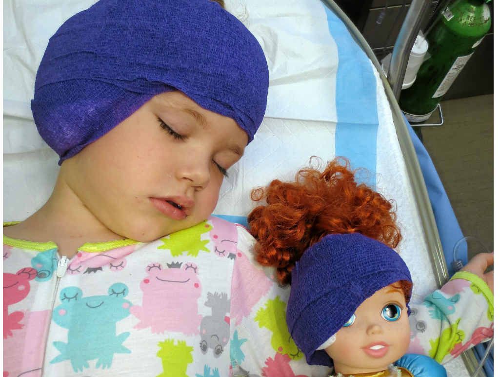 COMFORTING CAPS: Frankee-Lee’s doll joins her in the recovery suite after her ear surgery. COMFORTING CAPS: Frankee-Lee’s doll joins her in the recovery suite after her ear surgery.