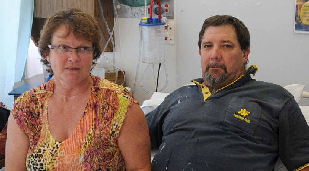 Julie and Lyle Barry at Gympie Hospital yesterday. Lyle is expected to spend at least another day in acute care, after being rushed to hospital early Sunday. Julie and Lyle Barry at Gympie Hospital yesterday. Lyle is expected to spend at least another day in acute care, after being rushed to hospital early Sunday.