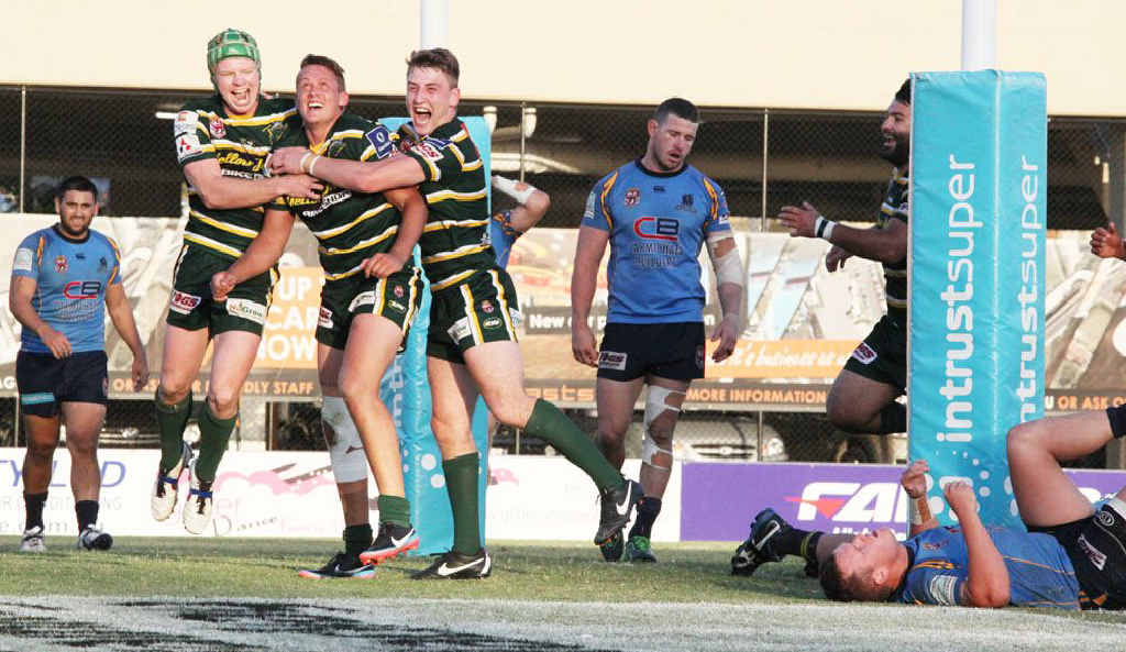 RAPT TEAM: Ipswich Jets players celebrate a try during yesterday’s impressive 38-24 FOGS Cup preliminary final victory over Norths. RAPT TEAM: Ipswich Jets players celebrate a try during yesterday’s impressive 38-24 FOGS Cup preliminary final victory over Norths.