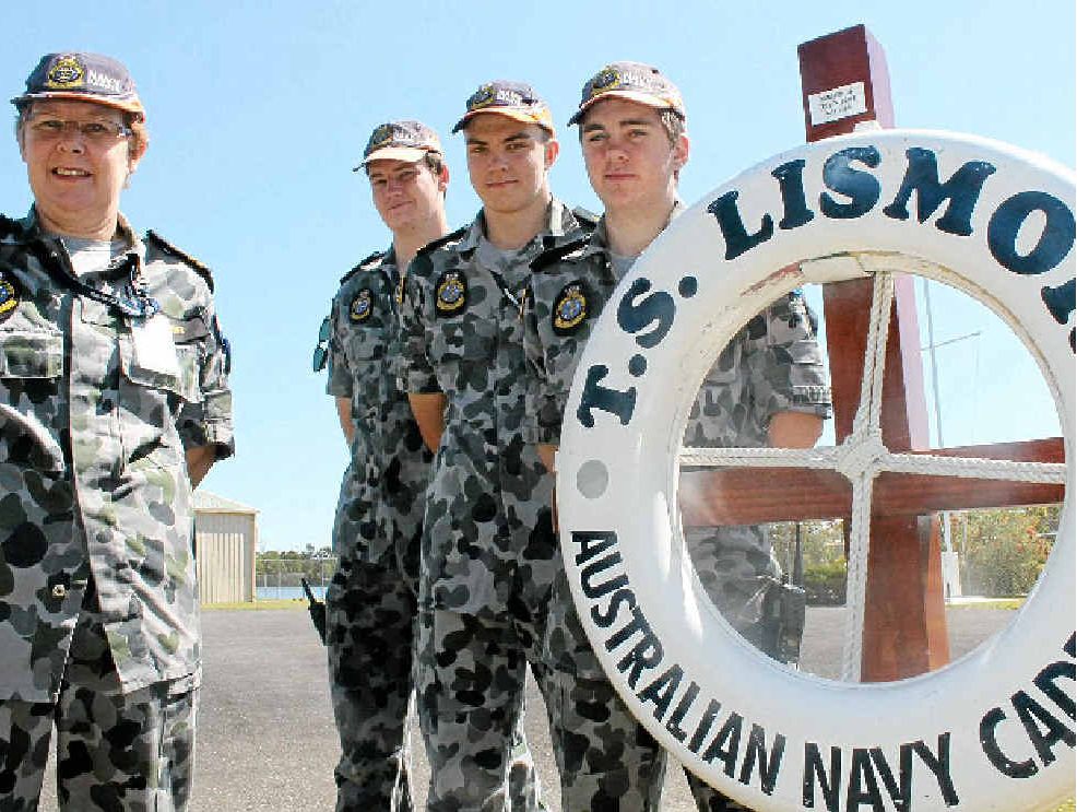 ALL ABOARD: Ballina-based TS Lismore Australian Navy Cadets are off to the International Fleet Review in Sydney next week. Pictured with their Commanding Officer Lieutenant Heather O’Hehir are cadets (from right) Able Seaman James Mote, Able Seaman Matthew Neville and Leading Seaman Luke Murphy. Absent: Able Seaman Andrew Fensom and Petty Officer Jon Faulks.