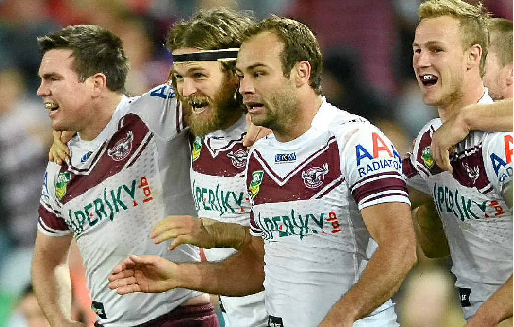 Manly’s David Williams (second from left) celebrates his try during the NRL preliminary final between the South Sydney Rabbitohs and the Manly Sea Eagles at ANZ Stadium last night. Manly’s David Williams (second from left) celebrates his try during the NRL preliminary final between the South Sydney Rabbitohs and the Manly Sea Eagles at ANZ Stadium last night.