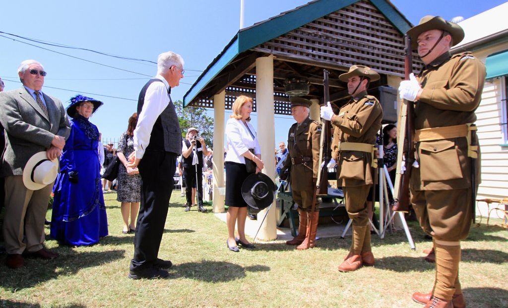The Governor of Queensland Penelope Wensley inspects the 9th Battalion Re-enactment Group on her arrival at the village. The Governor of Queensland Penelope Wensley inspects the 9th Battalion Re-enactment Group on her arrival at the village.