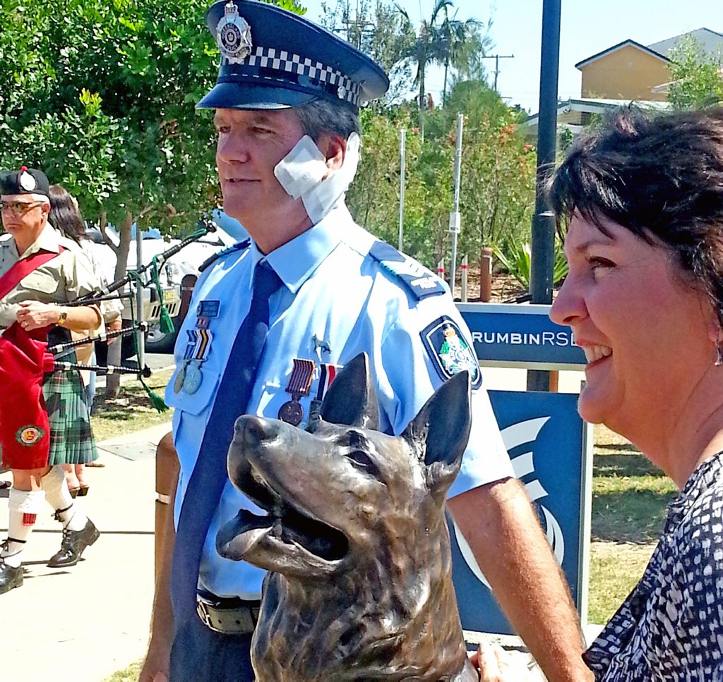 Gold Coast Police officer Gary Hamrey and Jann Stuckey at the Animal Heroes statue at Palm Beach parklands. Gold Coast Police officer Gary Hamrey and Jann Stuckey at the Animal Heroes statue at Palm Beach parklands.