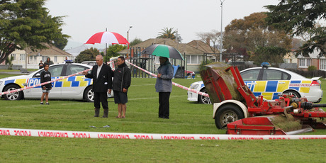 A blessing is given at Kirkpatrick Park, Hastings, where a four year-old boy died after playing near a Hastings District Council tractor and lawn-mower. Photo / Duncan Brown A blessing is given at Kirkpatrick Park, Hastings, where a four year-old boy died after playing near a Hastings District Council tractor and lawn-mower. Photo / Duncan Brown