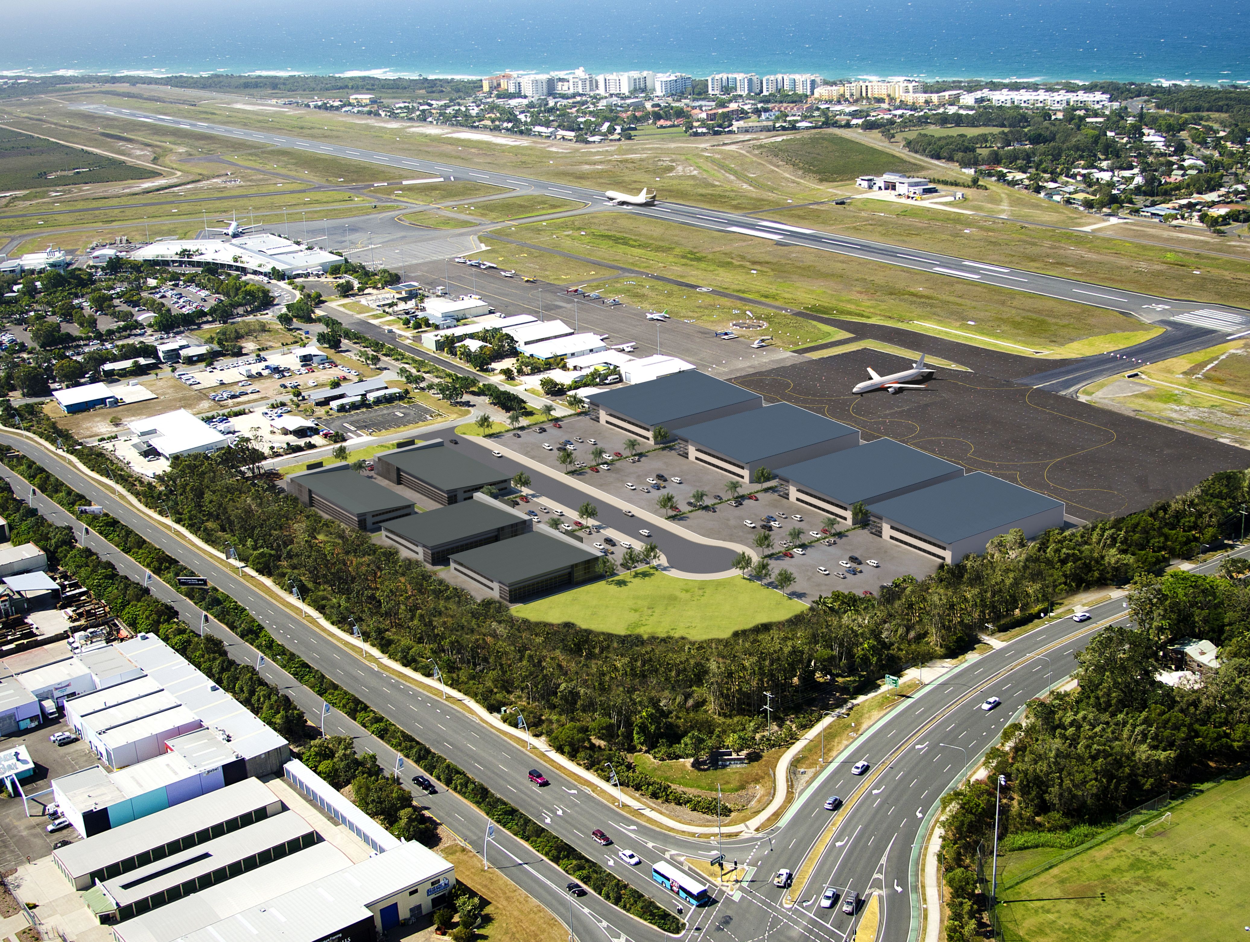 Artist’s impression of Sunshine Coast Aerospace Precinct (SCAP). Artist’s impression of Sunshine Coast Aerospace Precinct (SCAP).