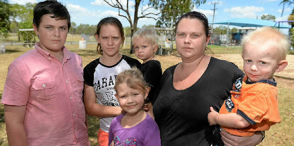 SHOCKED: (L-R) Eli Balgowan, 14, Shaelee Balgowan with Jack Richardson, 2, Makayla Moore, 5, and Rachel Balgowan with Hunta Moore, 2, escaped unhurt.