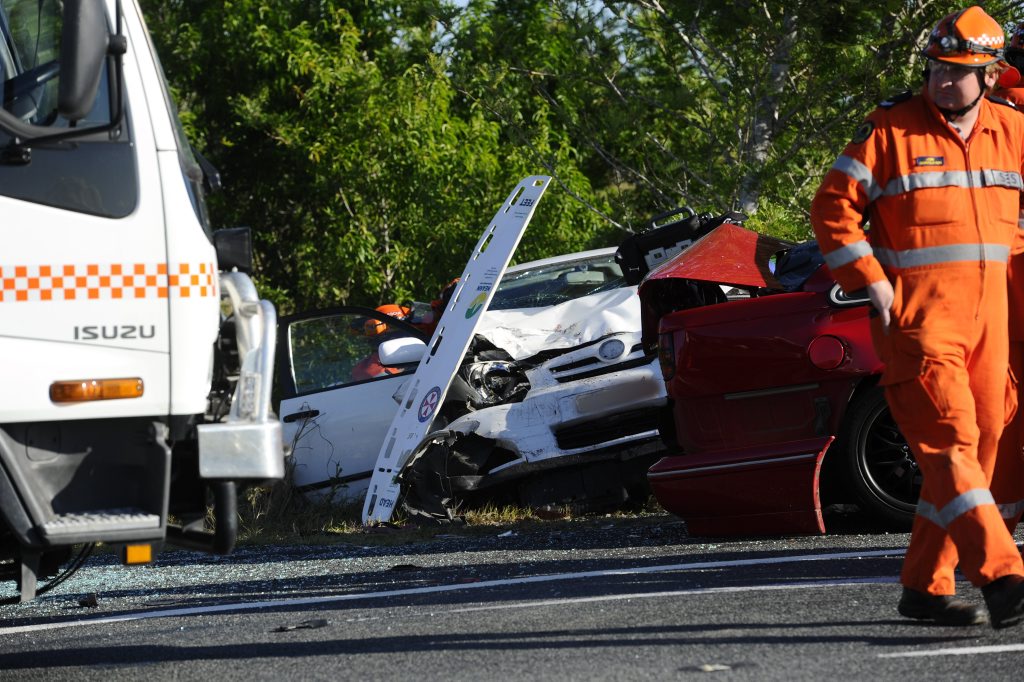 The scene of a three car crash on the Pacific Hwy near the Cowper turnoff on Saturday afternoon. Photo JoJo Newby / The Daily Examiner The scene of a three car crash on the Pacific Hwy near the Cowper turnoff on Saturday afternoon. Photo JoJo Newby / The Daily Examiner