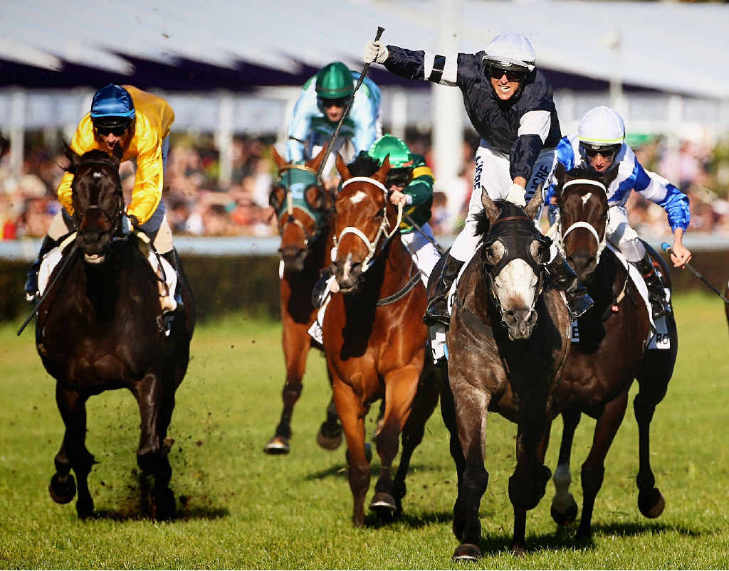 GROUP ONE GLORY: Nicholas Hall shows his joy as Fawkner takes out yesterday’s Caulfield Cup ahead of Dandino, left. GROUP ONE GLORY: Nicholas Hall shows his joy as Fawkner takes out yesterday’s Caulfield Cup ahead of Dandino, left.