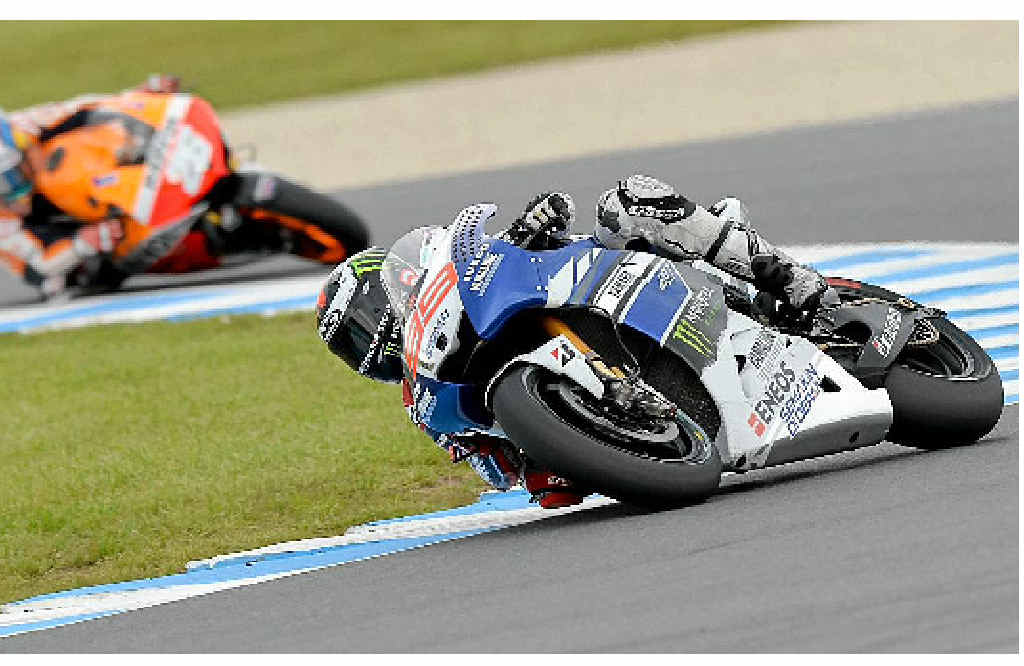 FOLLOW THE LEADER: Jorge Lorenzo leads the way in the Australian Grand Prix at Phillip Island yesterday. FOLLOW THE LEADER: Jorge Lorenzo leads the way in the Australian Grand Prix at Phillip Island yesterday.