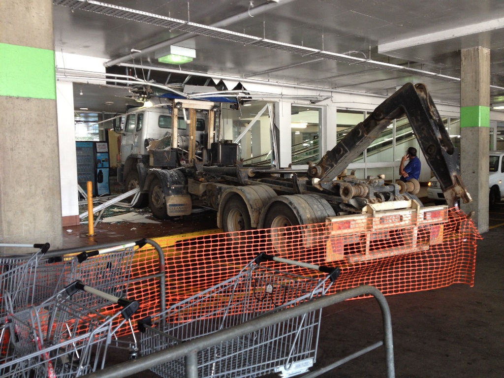 Photograph of the truck that crashed at Stocklands Rockhampton. It rolled down into the underground carpark and into an escalator. Photograph of the truck that crashed at Stocklands Rockhampton. It rolled down into the underground carpark and into an escalator.