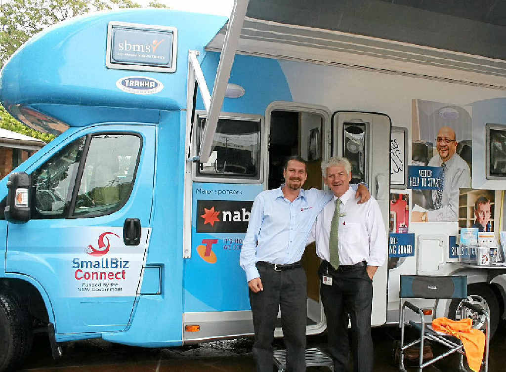 ON A ROLL: Business adviser Ty Peterson with Lismore Council business facilitator Mark Batten at the Small Biz Bus in 2013. ON A ROLL: Business adviser Ty Peterson with Lismore Council business facilitator Mark Batten at the Small Biz Bus in 2013.