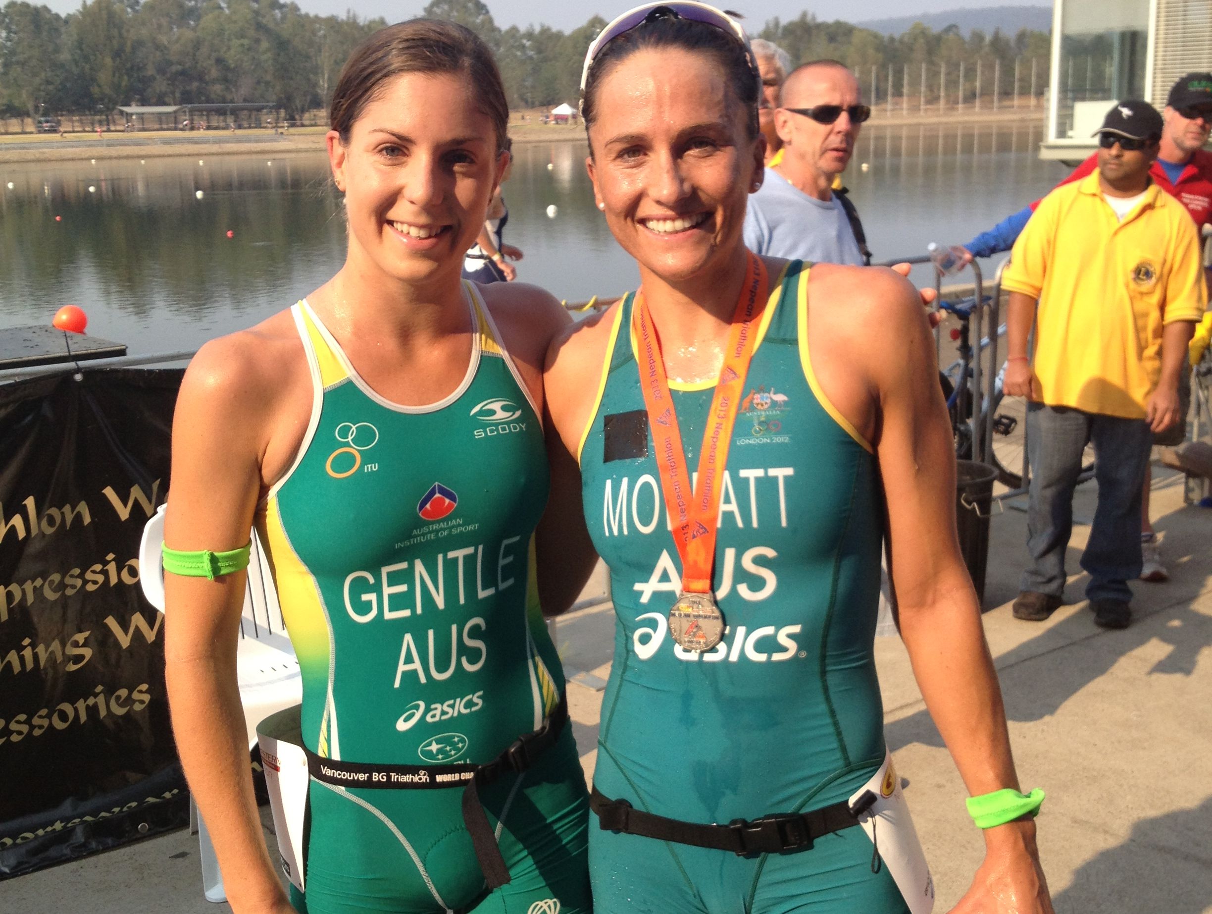 Emma Moffatt (right) and Ashleigh Gentle cool down after running in today's Nepean Triathlon. Emma Moffatt (right) and Ashleigh Gentle cool down after running in today's Nepean Triathlon.