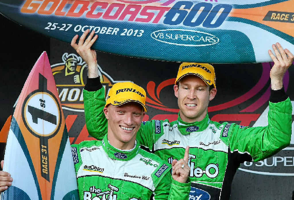 WINNERS: Dean Canto (left) and David Reynolds celebrate winning race two of the Gold Coast 600. WINNERS: Dean Canto (left) and David Reynolds celebrate winning race two of the Gold Coast 600.