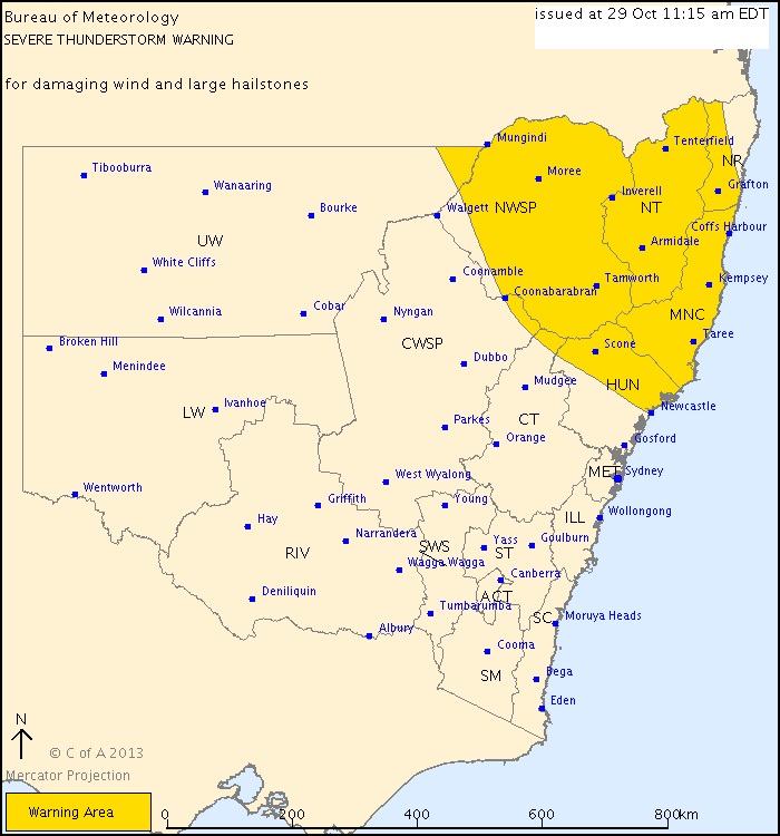A map issued by the Bureau of Meteorology showing areas likely to be impacted by a severe thunderstorm. A map issued by the Bureau of Meteorology showing areas likely to be impacted by a severe thunderstorm.