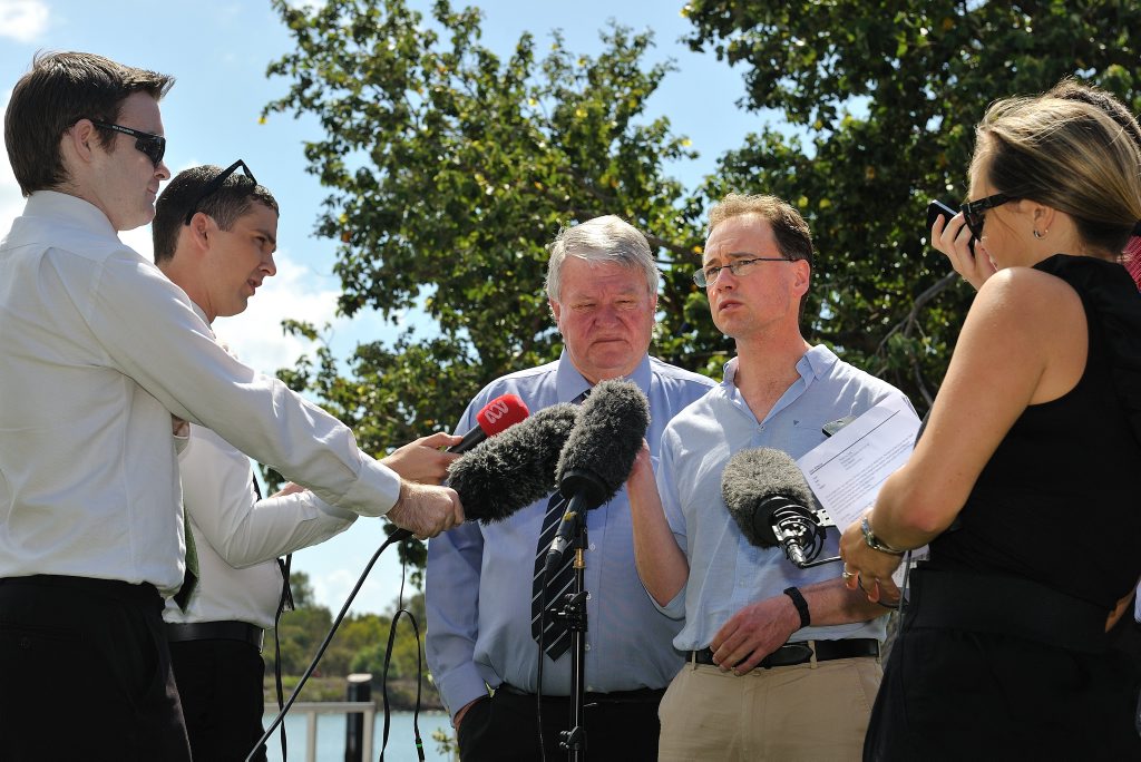 Federal Environment Minister Greg Hunt and Flynn MP Ken O'Dowd speak to journalists in Gladstone. Federal Environment Minister Greg Hunt and Flynn MP Ken O'Dowd speak to journalists in Gladstone.
