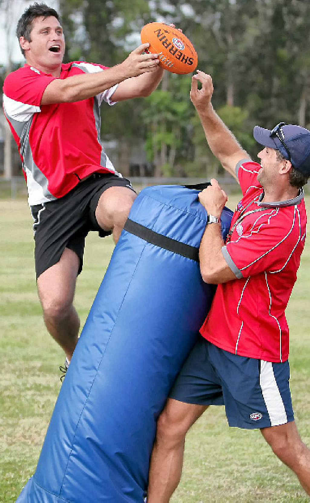 Shane Crawford flies high during a training clinic at Mudjimba.