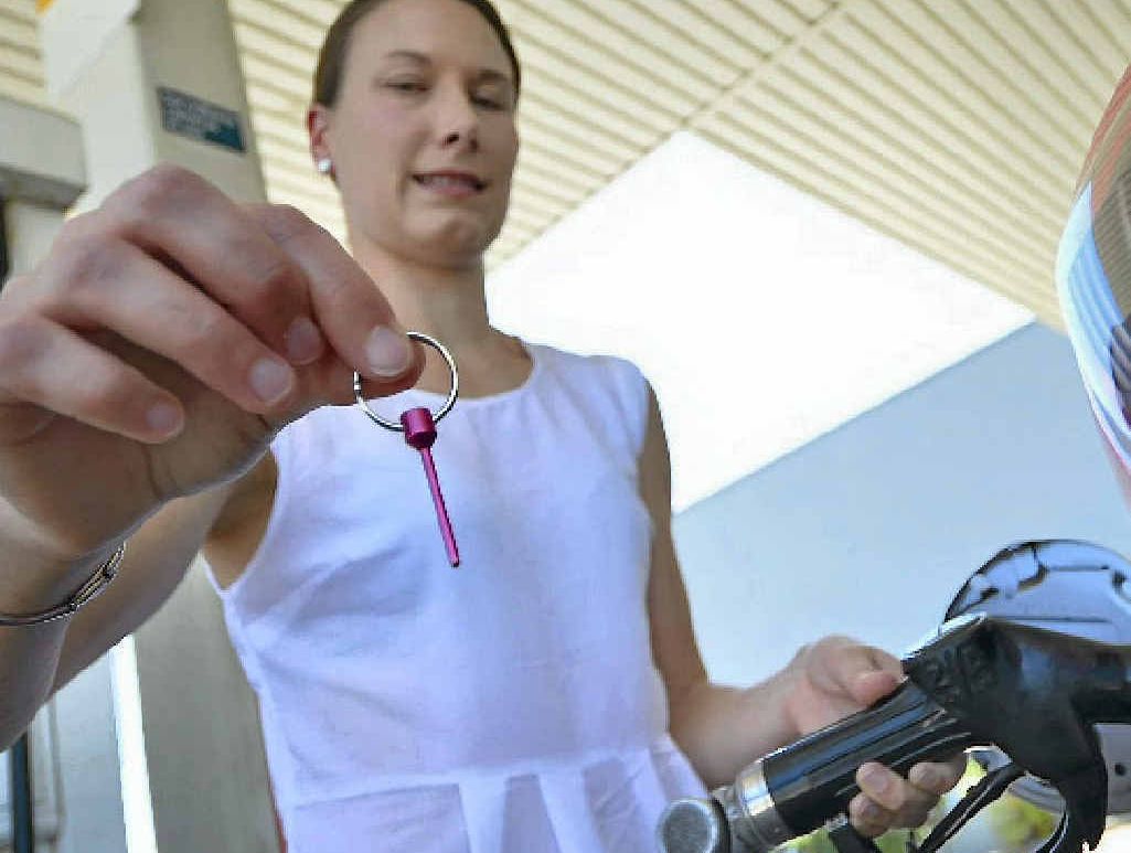 Fuel Mate co-owner Heidi Hastings demonstrates how to use the new device. Fuel Mate co-owner Heidi Hastings demonstrates how to use the new device.