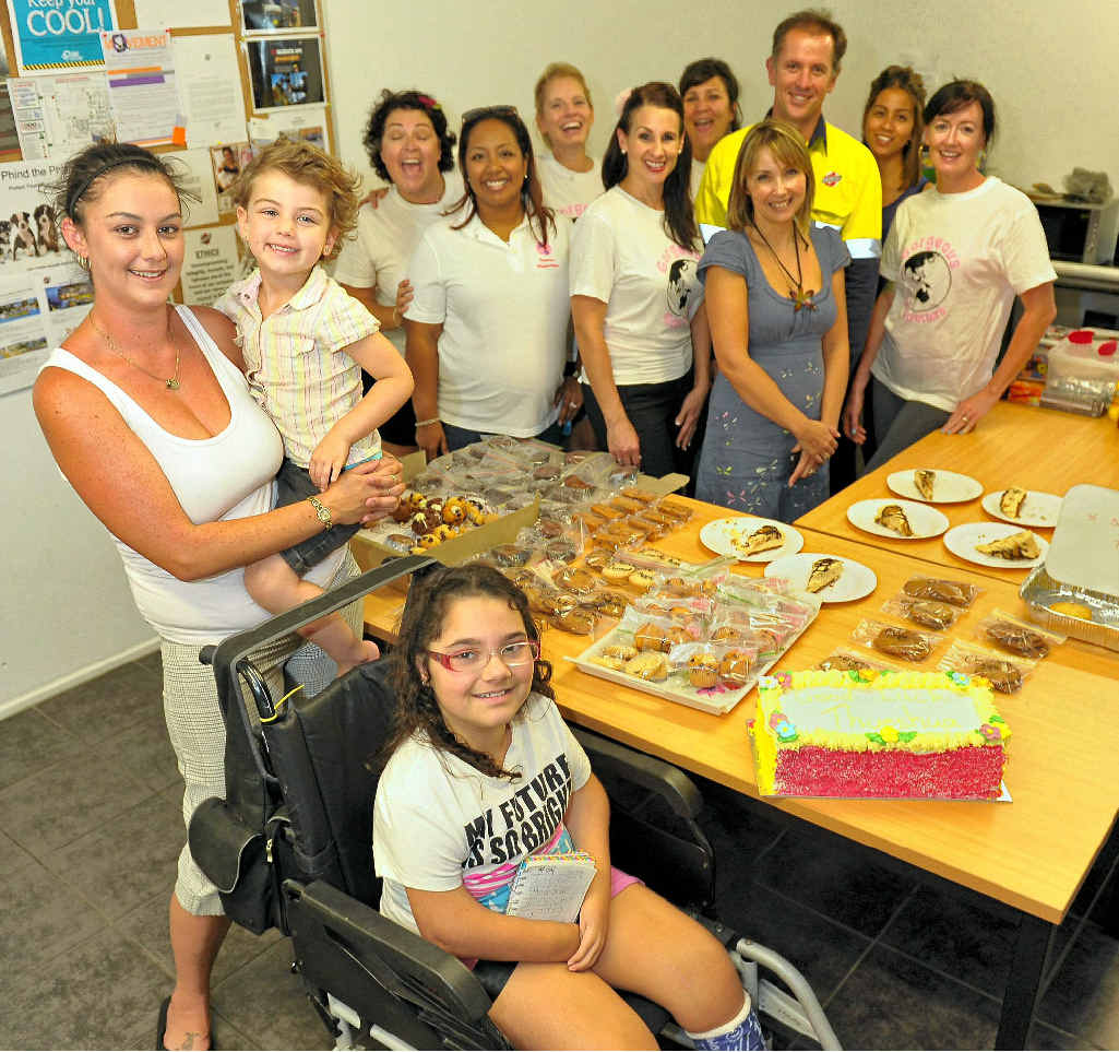 Thyeshya and her mum Sam with Arlee, 1, and members of the Gorgeous Globetrotters charity group at the fundraising bake sale. Thyeshya and her mum Sam with Arlee, 1, and members of the Gorgeous Globetrotters charity group at the fundraising bake sale.