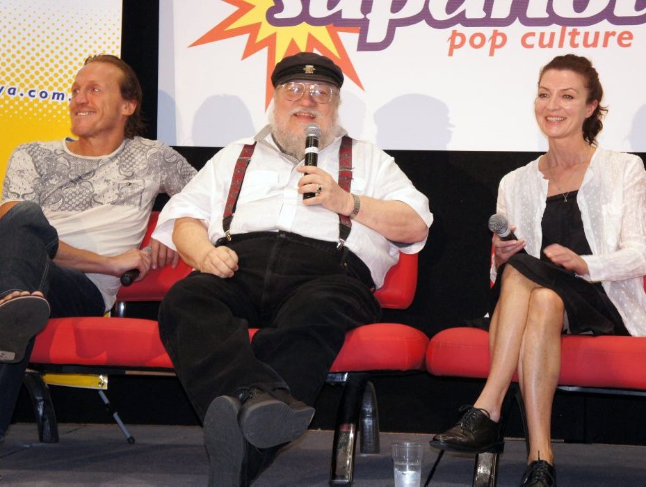 Game of Thrones stars and creator at Supanova Pop Culture Expo in Brisbane. From left, Jerome Flynn, creator and author George RR Martin and Michelle Fairley. Game of Thrones stars and creator at Supanova Pop Culture Expo in Brisbane. From left, Jerome Flynn, creator and author George RR Martin and Michelle Fairley.