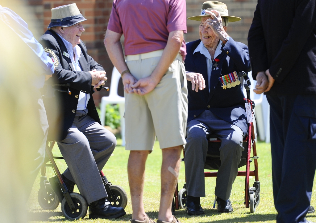 90 year old Ron Timbs (right) has a laugh with some old mates at the Remembrance Day service in Memorial Park. Ron served in the Air Force during World War Two. Photo JoJo Newby / The Daily Examiner 90 year old Ron Timbs (right) has a laugh with some old mates at the Remembrance Day service in Memorial Park. Ron served in the Air Force during World War Two. Photo JoJo Newby / The Daily Examiner