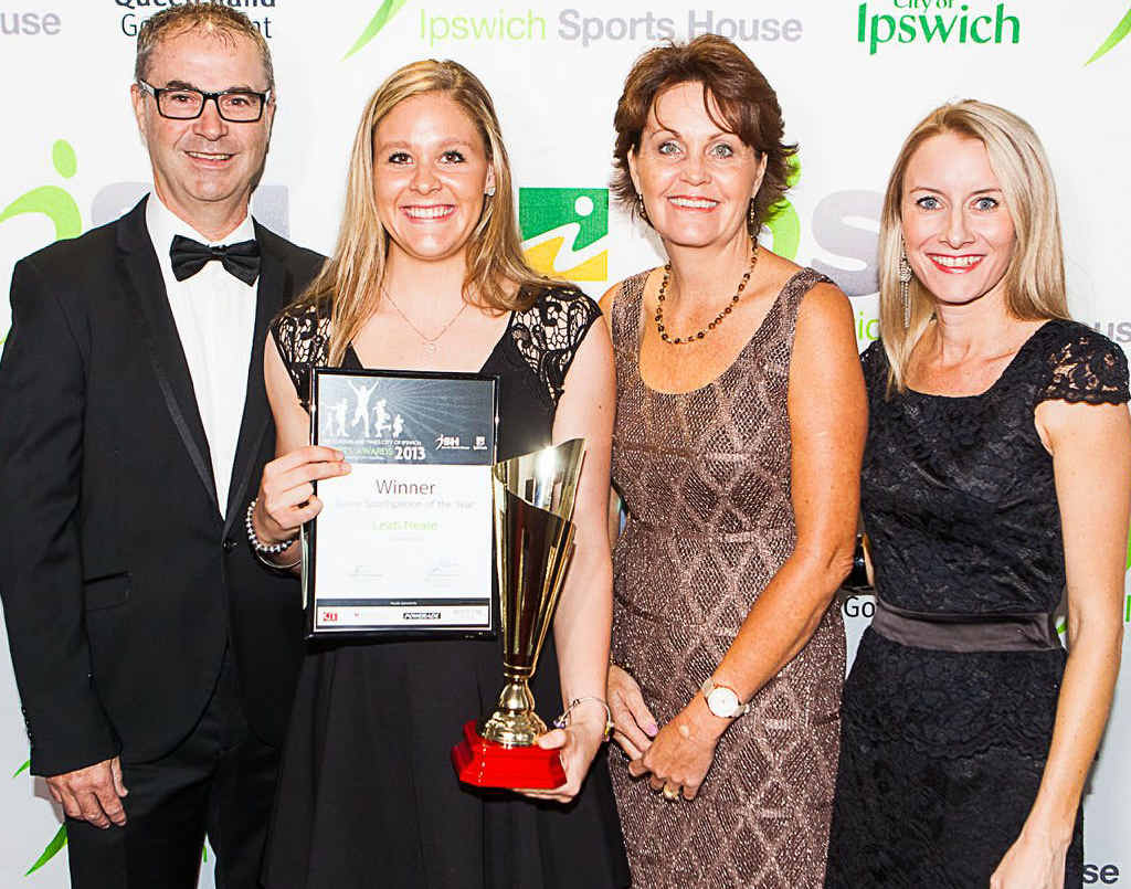 CELBRATING EXCELLENCE: Robert (left) and Josie (second from right) Barty accepted their daughter Ashleigh’s Sports Excellence award, alongside Junior Sportsperson of the Year winner Leah Neale (second from left) with QT general manager Carly Gregory at the QT-City of Ipswich Sports Awards on Friday night. CELBRATING EXCELLENCE: Robert (left) and Josie (second from right) Barty accepted their daughter Ashleigh’s Sports Excellence award, alongside Junior Sportsperson of the Year winner Leah Neale (second from left) with QT general manager Carly Gregory at the QT-City of Ipswich Sports Awards on Friday night.