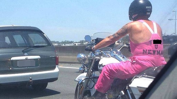 A motorcyclist photographed somewhere in Queensland wearing a pink jumpsuit and sending a blunt message to Premier Campbell Newman. A motorcyclist photographed somewhere in Queensland wearing a pink jumpsuit and sending a blunt message to Premier Campbell Newman.