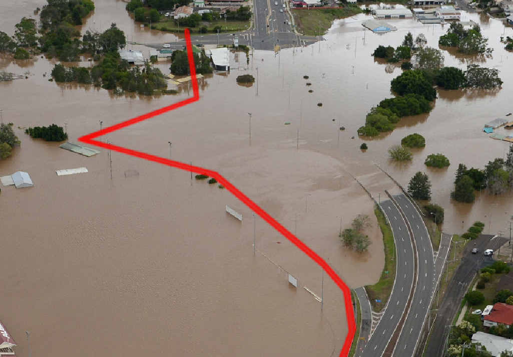 An image showing roughly the position of the levee proposed to stop water entering Mary St. An image showing roughly the position of the levee proposed to stop water entering Mary St.